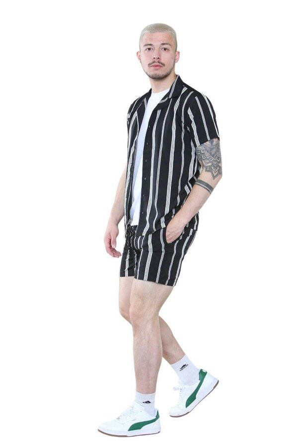 Men's Black Striped Shirt and Shorts Set