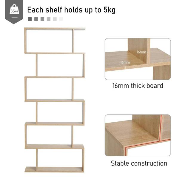 Oak 6-tier S-shaped bookshelf with thick 16mm shelves and stable open storage design
