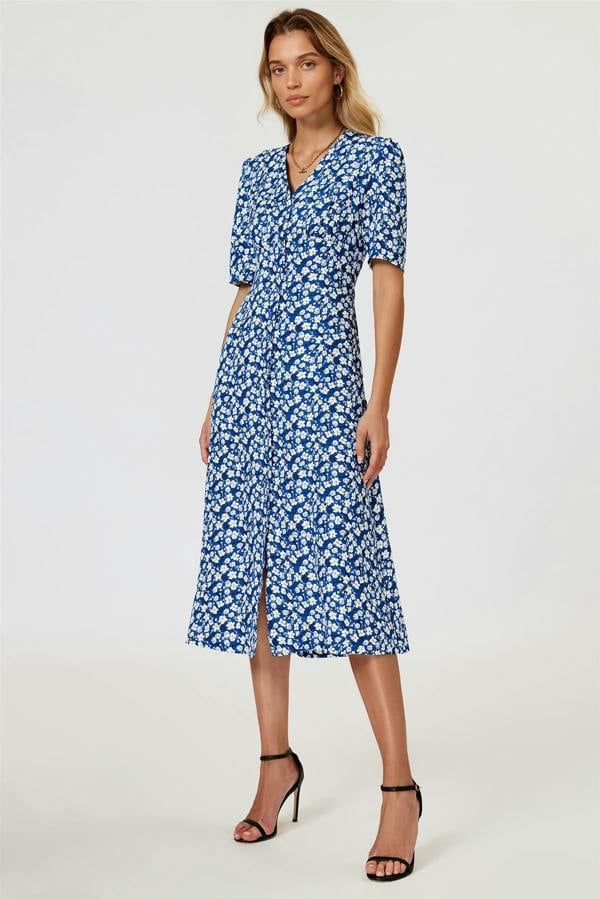 FS Collection Floral Print Button Front Midi Dress In Blue