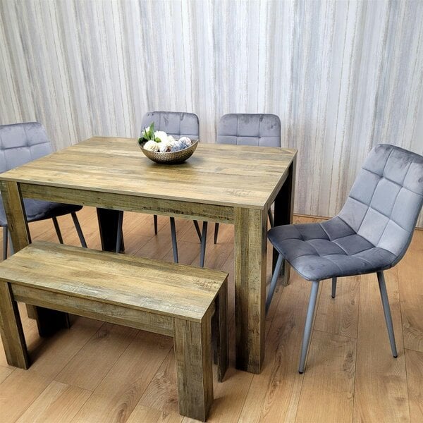 Kosy Koala Wooden Dining Table Set for 6 Rustic Effect Table With 4 Grey Velvet Chairs and 1 Bench