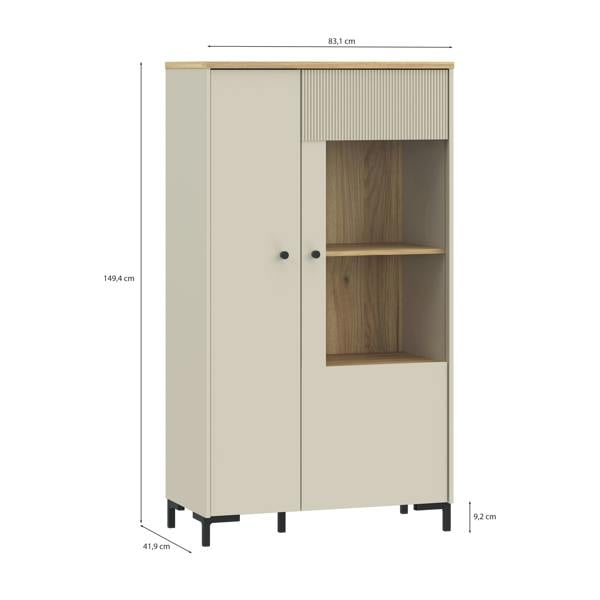 Furniture To Go Bixbite Display Cabinet with Fluted Detail, Doors & Open Shelving in Mauvella Oak and Sand