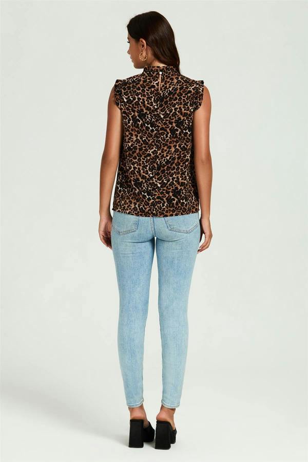 FS Collection Leopard Print Frill Trim Sleeve Frill Neck Blouse Top In Brown