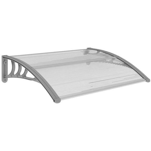 Clear arched front door canopy with ridged polycarbonate panel and gray metal brackets