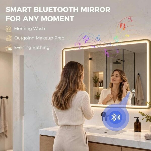 Bathroom Mirror with LED Lights, 100x70cm Rectangle Bathroom Mirror, Dimmable, Bluetooth, Anti-Fog, Gold Tone