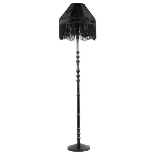 Happy Homewares Classic Black Ash Wooden Floor Lamp with Velvet Victorian Style Shade
