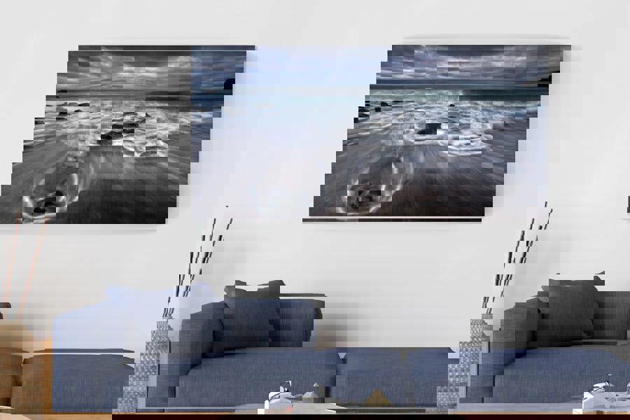 blue and grey coastal beach art print