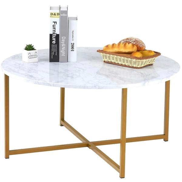 ADOV Round Coffee Table, Faux Marble Living Room Table with Gold Metal Frame