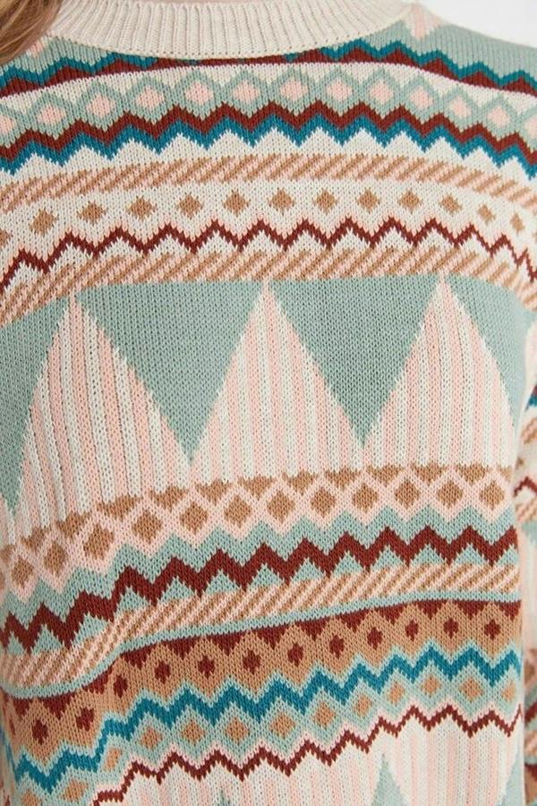WOVCOR Ethnic Patterned Crew Neck Knit Sweater