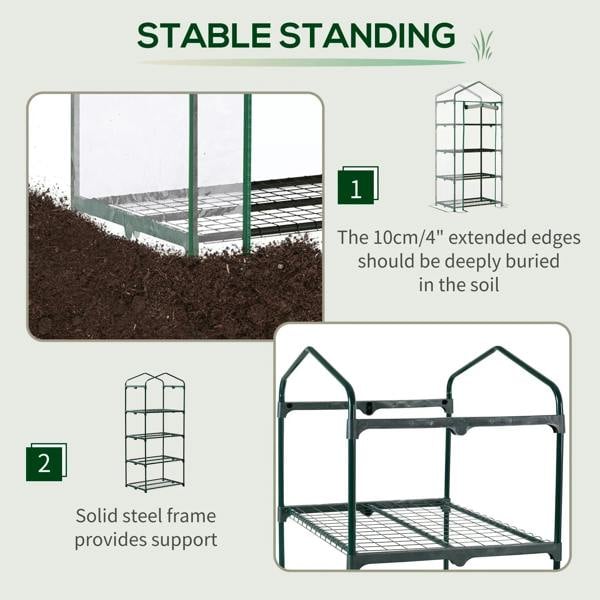 Mini greenhouse with solid green steel frame and clear sides, four-tier base