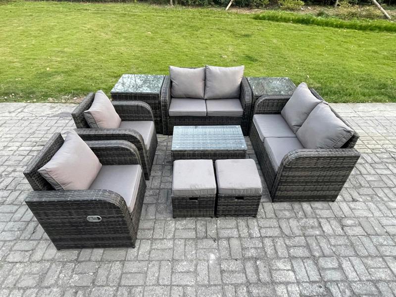 Fimous 8 Seater Outdoor Lounge Set, Rattan Garden, Coffee Table, 2 Small Footstools, Love Sofa and 2 Side Tables, Dark Grey Mixed
