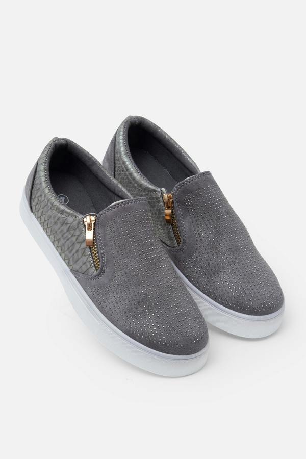 Crystal Suede Zip Pumps Grey Trainers, drawing attention to faux snakeskin and suede detail