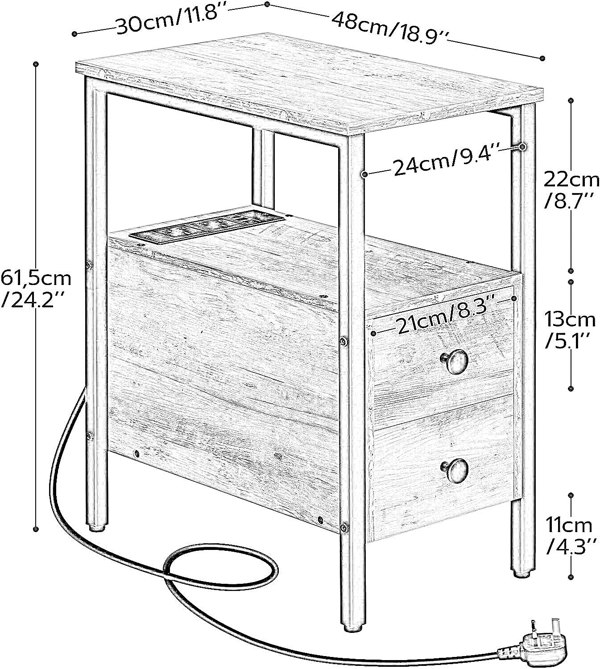 Rafaelo Mobilia Bedside Table with Power Outlet & USB Ports Greige