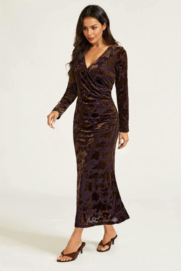 FS Collection Floral Velvet Devore Long Sleeve Wrap Midi Dress In Brown
