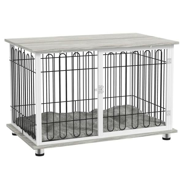 Grey cushioned indoor dog crate furniture with black wire doors and side end-table base
