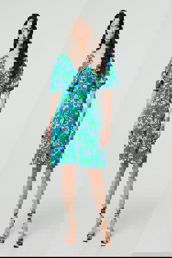 Green | Printed Tie Bardot Neck Short Dress
