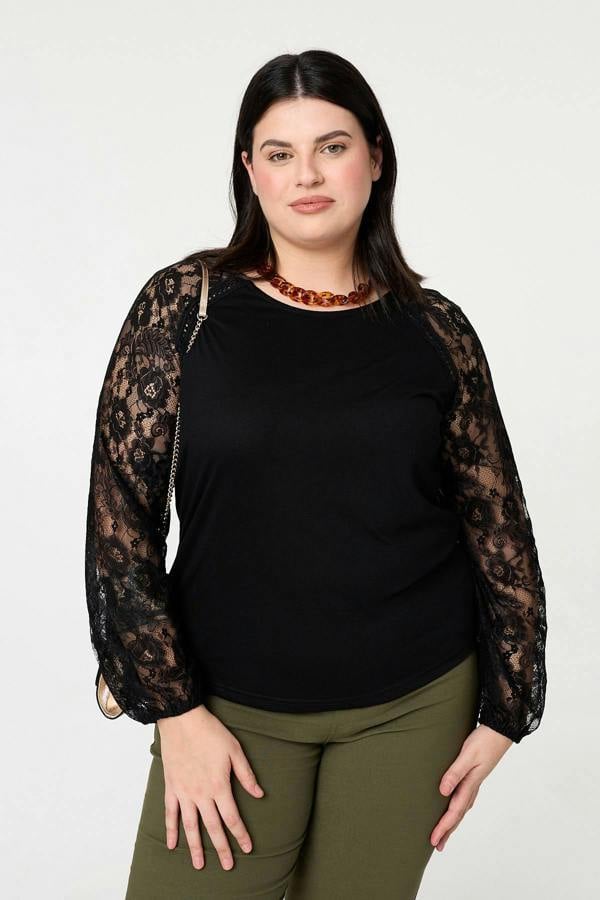 Black | Curve Floral Lace Long Sleeve Top
