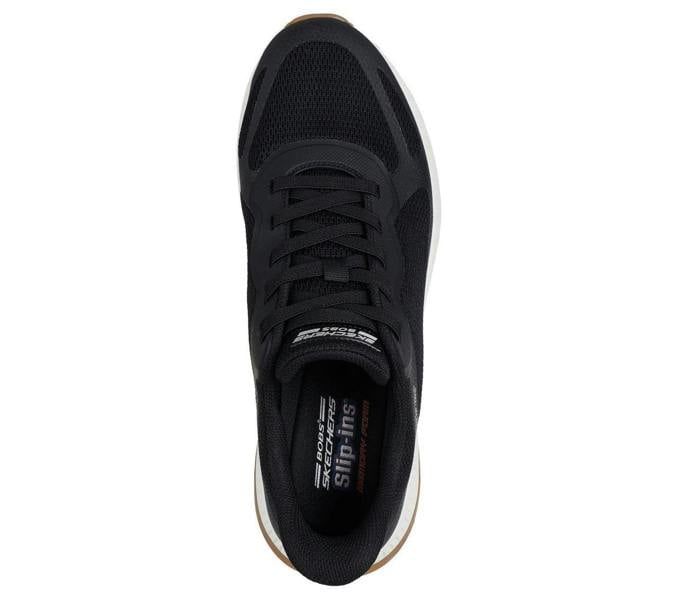 Skechers Bobs Squad 4 Chaos Mens Slip-Ins Casual Trainers, black athletic sneakers with mesh upper and white sole, top view.