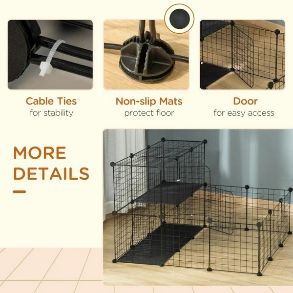 Black wire playpen with door for easy access; shows cable ties and anti-slip mats