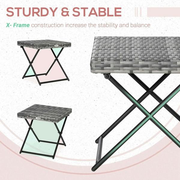 Grey woven square folding side table with black steel X-frame for stability
