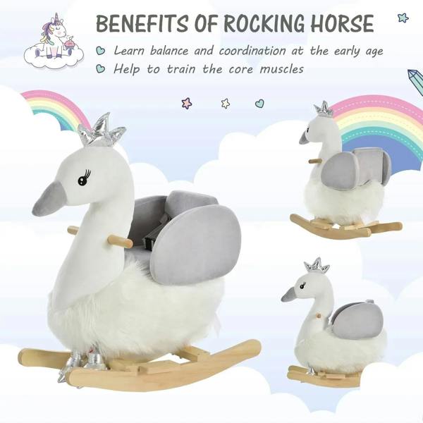 White and grey plush swan rocking toy with grey seat and wood base on runners
