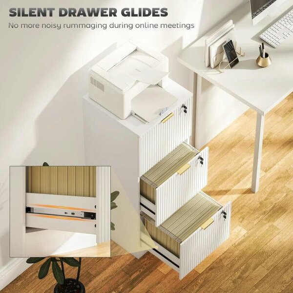 Filing Cabinet, Fluted Vertical File Cabinet with 3 Lockable Drawers and Hanging Rails, White