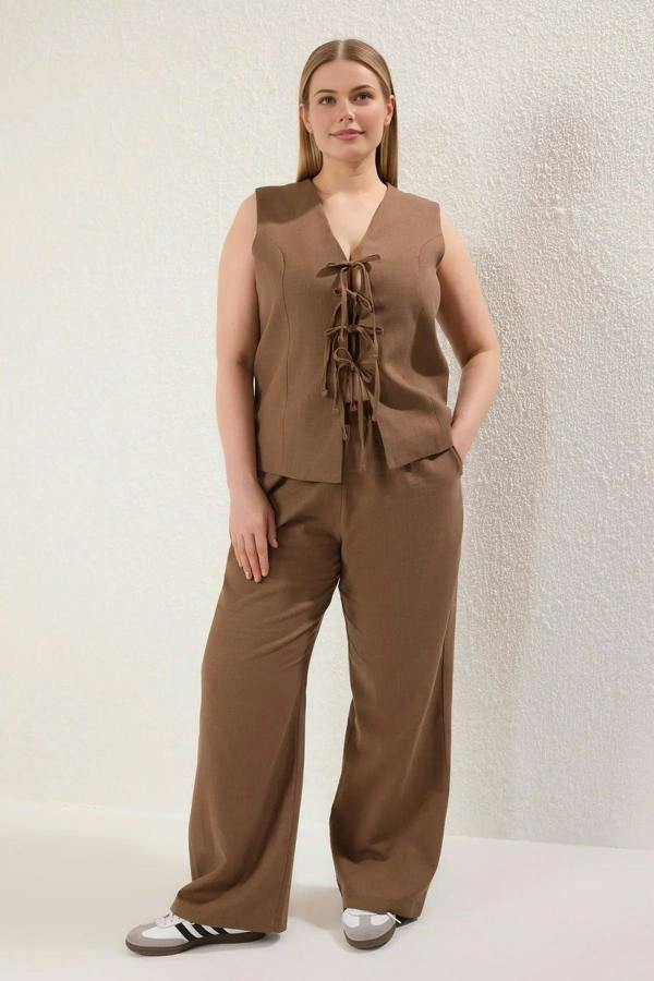 WOVCOR 2- Piece Wide Leg Linen Look Top and Bottom Set with Drawstring Front
