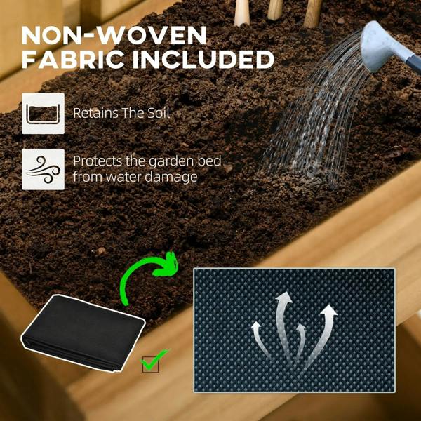 Wall-mounted wooden planter box with soil-filled bed and included fabric liner