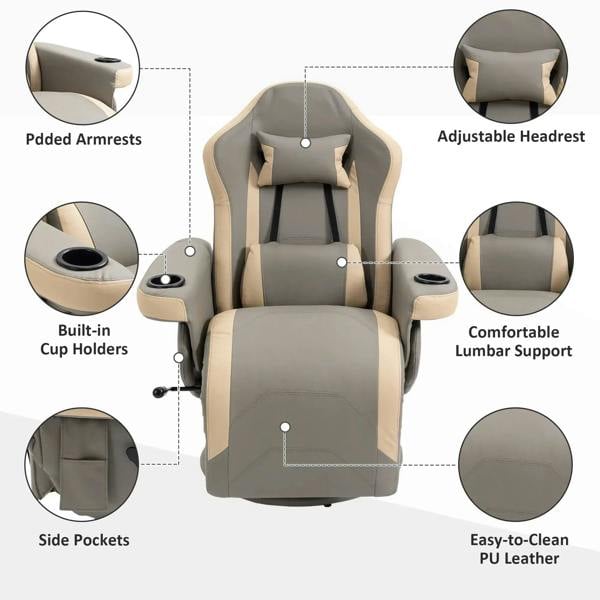 Grey PU leather recliner armchair feature diagram with cup holders and lumbar support