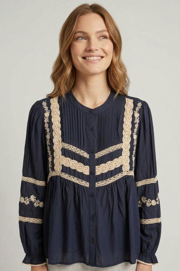 Navy | Lace Trim Long Sleeve Pleated Blouse