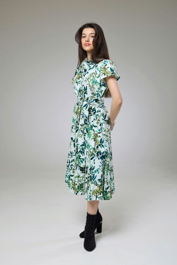 Isha's Timeless collection Flourish Green Flora Short Sleeve Shirt Dress