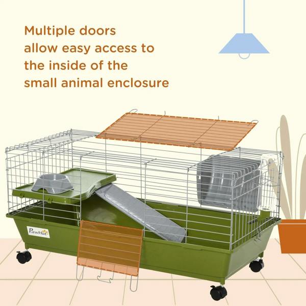Green wire small animal cage with multiple access doors, ramp, platform, and water bottle
