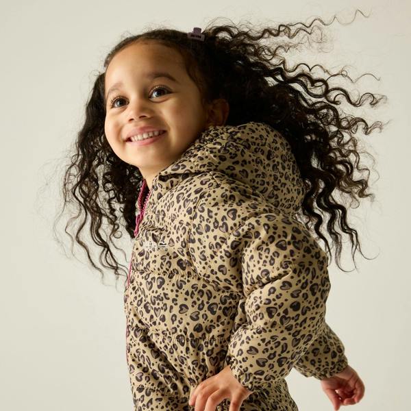 Regatta Childrens/Kids Penrose Heart Leopard Print Quilted Puddle Suit - Beige/Dark Brown/Violet - 