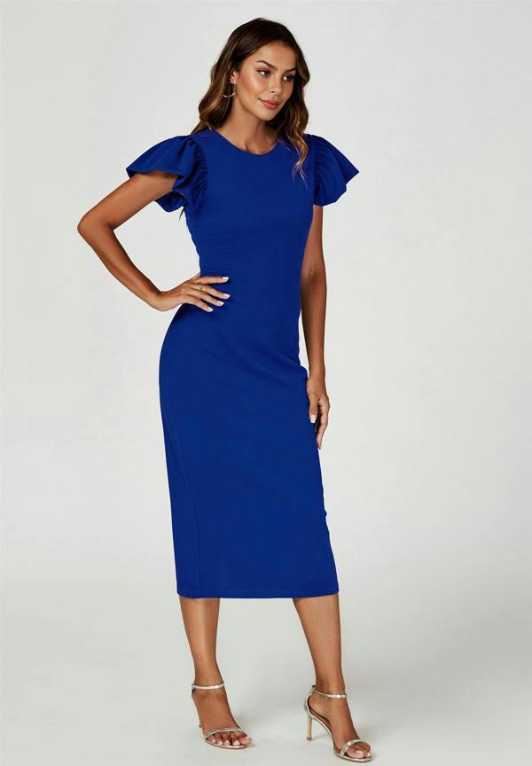 FS Collection Volume Sleeve Bodycon Midi Dress In Royal Blue
