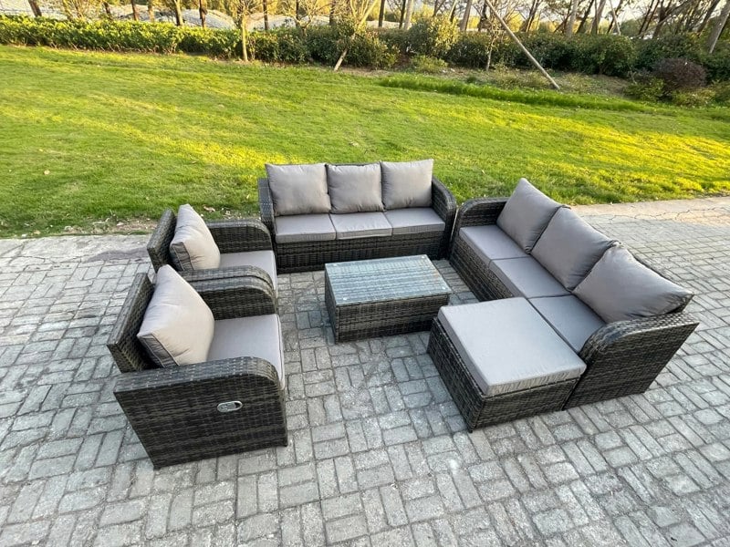 Fimous Rattan Outdoor Garden Furniture Sofa Set Patio Table & Chairs Set with 3 Seater Sofa Reclining Chair Big Footstool Dark Grey Mixed