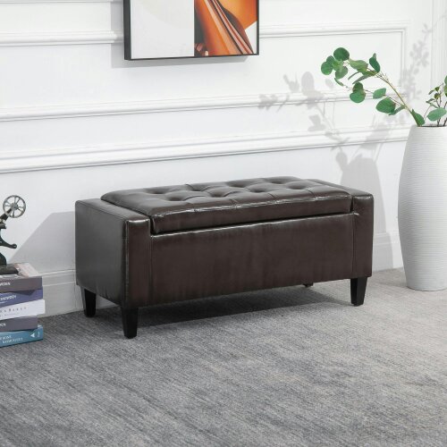 Wyld Haus Rira Faux Leather Brown Storage Ottoman Bench With Diamond Tufted Seat