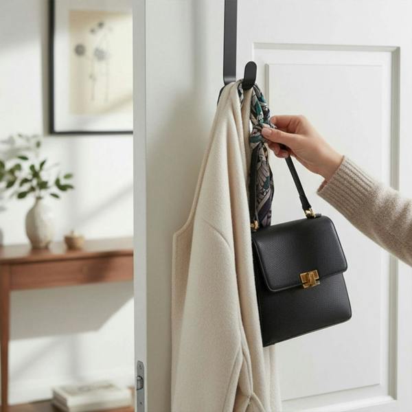 A person hanging a black handbag over a white coat and floral scarf on a metal wreath hook.