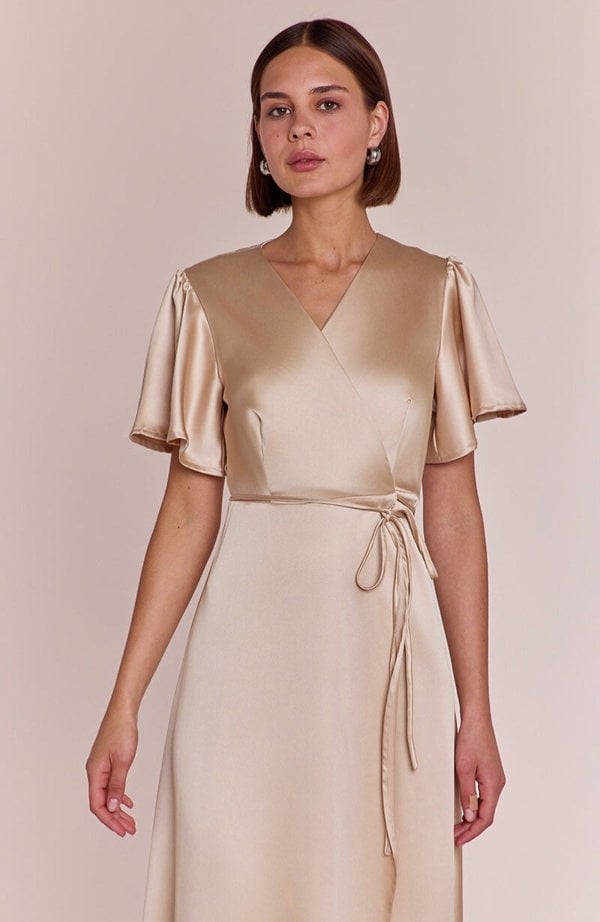 Rewritten London Florence Waterfall Dress in Champagne Satin