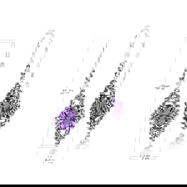 Gemondo Art Deco Style Oval Amethyst & Marcasite Drop Earrings in Sterling Silver