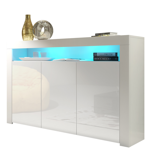 Mex Furniture 155cm Sideboard TV Stand Cupboard Cabinet – White High Gloss Doors with Free LED