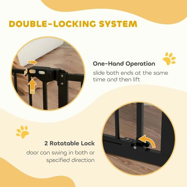 Black safety gate diagram with double-locking system and one-hand operation