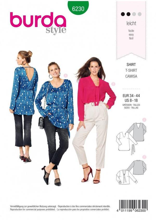 Burda Sewing Pattern 6230 Tops For Women, Sizes 8-18 - Easy