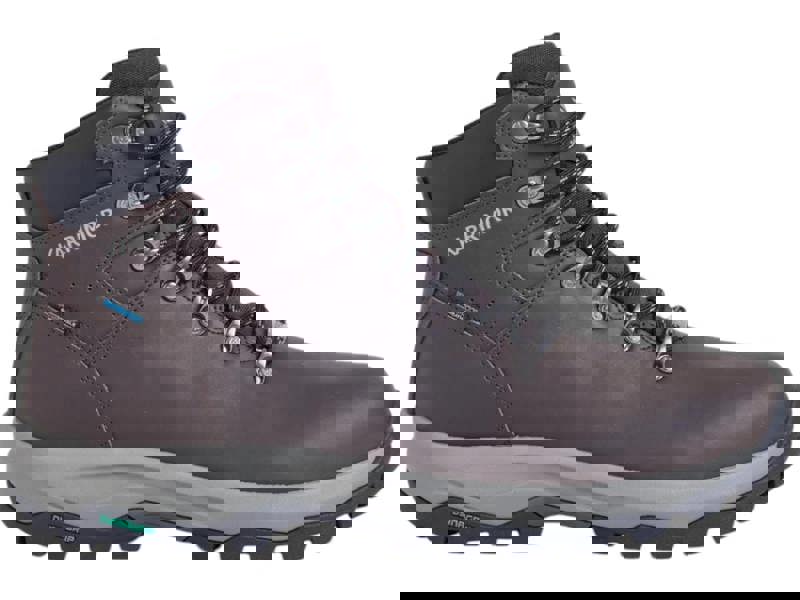 Karrimor Mendip 4 Mens Walking Hiking Lace Up Trek Leather Boots, Brown waterproof leather hiking boots with black and gray sole and laces.