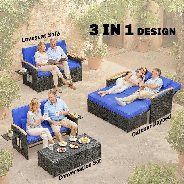 Double Garden Rattan Daybed, Wicker Sun Bed Chaise Lounger with Storage Ottoman, 4-Level Adjustable Backrest, Brown