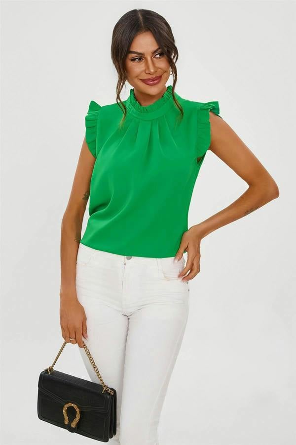 FS Collection Frill Trim Sleeve High Neck Blouse Top In Light Green