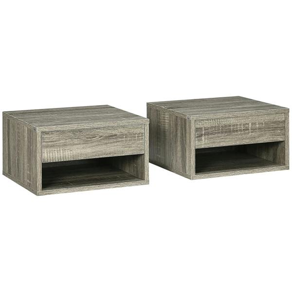Wall-mounted bedside table set of 2, grey wood-effect boxes with open shelves