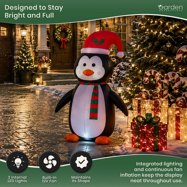 1.2m Inflatable Christmas Penguin with 3 Internal LED Lights, 12V Fan Motor, Guide Ropes and Transformer, Indoor/Outdoor Festive Decoration