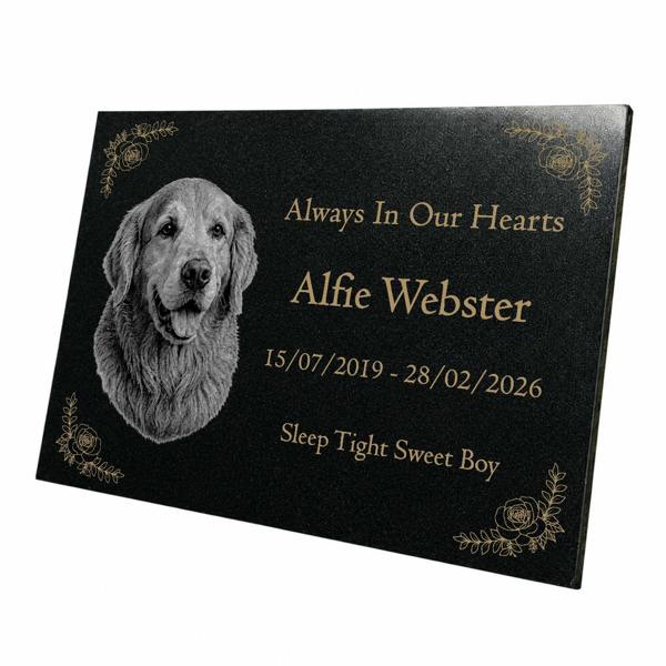 Memorials Direct Dog Memorial Granite Photo Plaque - Floral Design