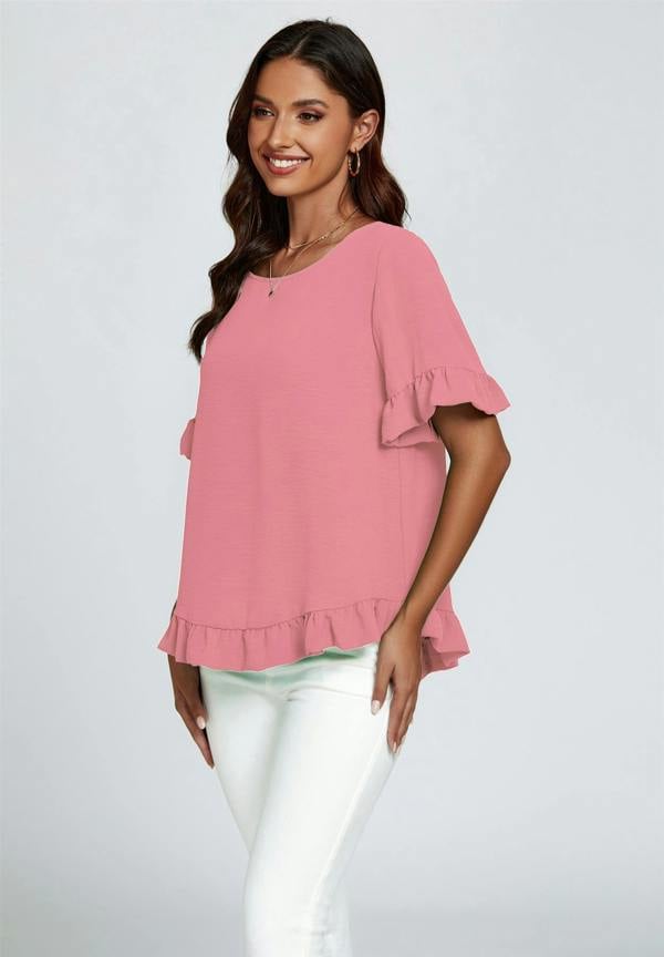 FS Collection Frill Detail Short Sleeves Top In Powder
