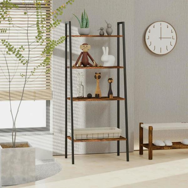 4-tier industrial ladder shelf with wood shelves and black frame