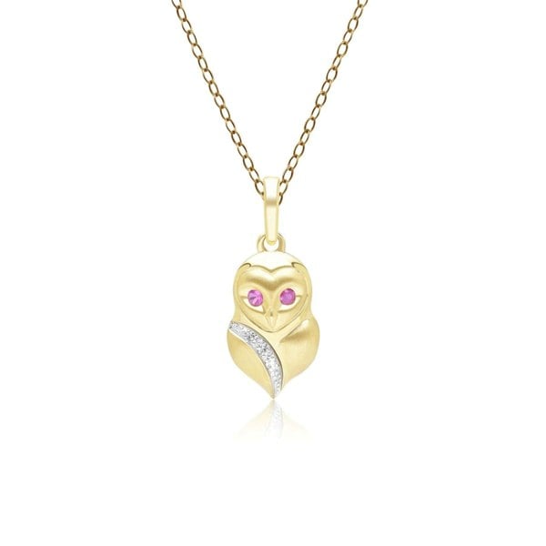 135P2128019 Gardenia Ruby and White Sapphire Owl Pendant Necklace in 9ct Yellow Gold Front